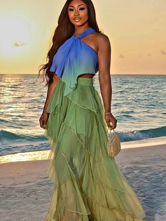 Loragal Dresses & Skirts - Blue-Green Ombre Halter Maxi Skirt Set